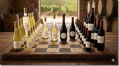 chess board with wine bottles